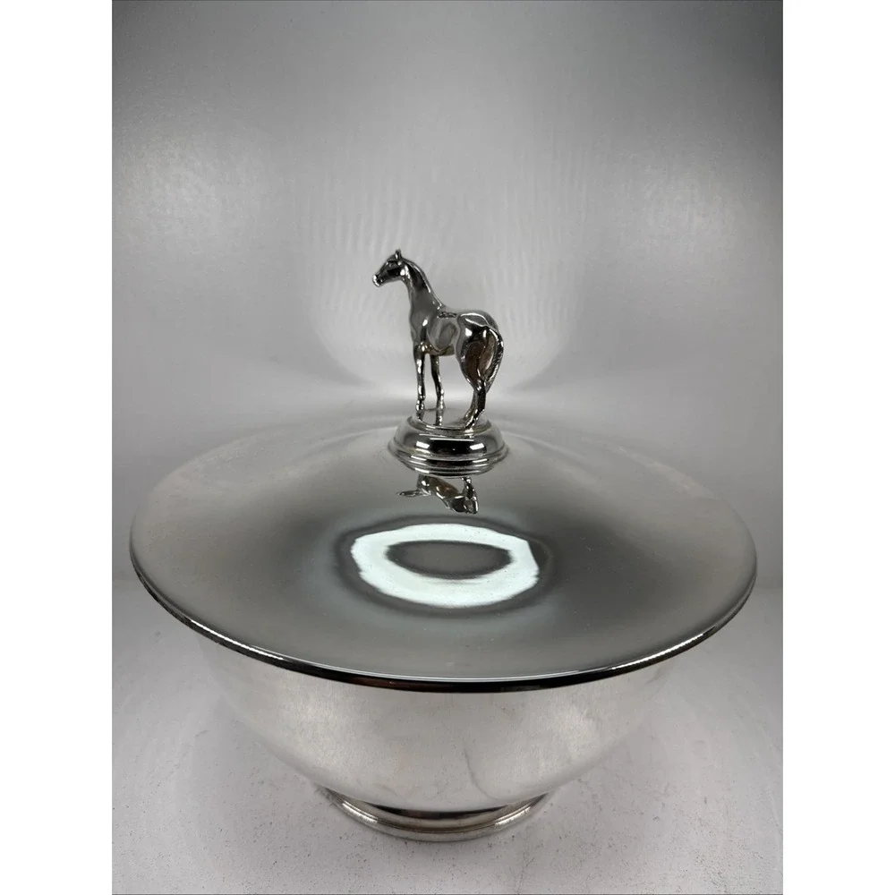 Authentic Vintage silver horse racing bowls Costume Horse On The Lid Unique.